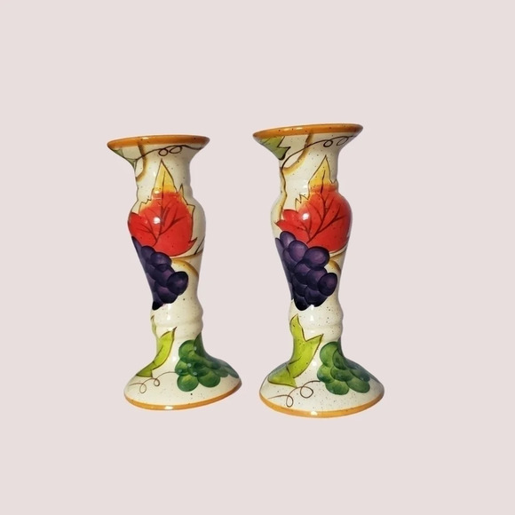 Hand painted ceramic candle holders w/ fruit  & leaf design - Picture 1 of 5